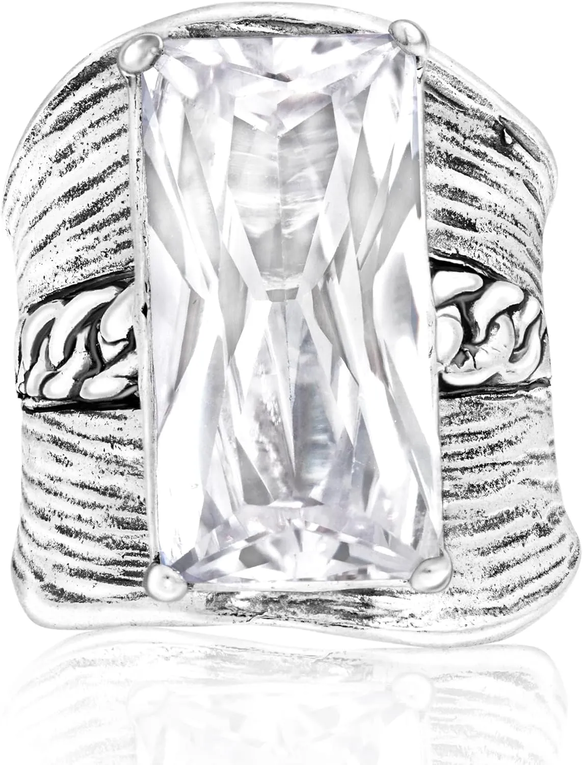JEAN RACHEL JEWELRY 925 Sterling Silver Ring - Chain Shield with Baguette Cubic Zirconia Vintage Design - Hypoallergenic, Lead & Nickel Free - Artisan Handcrafted Statement Rings for Women