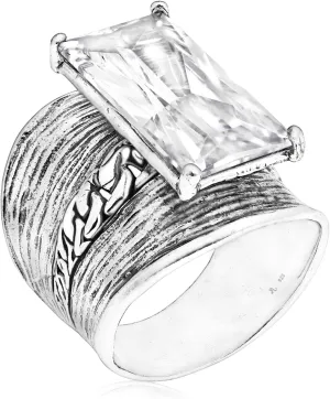 JEAN RACHEL JEWELRY 925 Sterling Silver Ring - Chain Shield with Baguette Cubic Zirconia Vintage Design - Hypoallergenic, Lead & Nickel Free - Artisan Handcrafted Statement Rings for Women