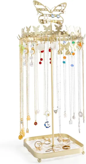 Jewelry Organize Stand Gold Necklace Bracelet Holder Tree with 18 Hooks Earring Organize with 44 holes Metal Aesthetic Jewelry Display Towers for Rings Storage
