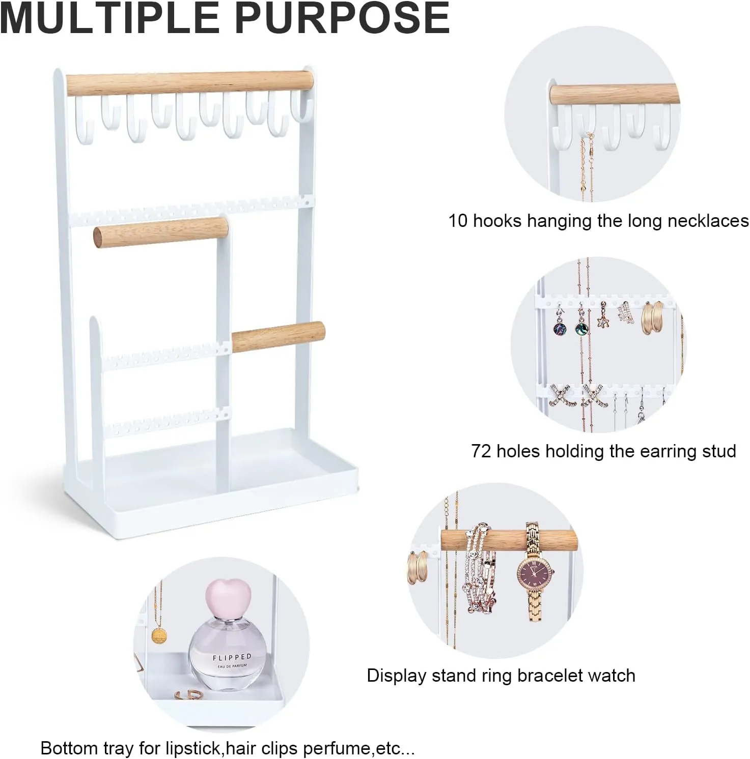 Jewelry Organizer Stand Necklace Holder, 6-Tier Jewelry Tree Stand Organizer with Bracelet Holder Ring Tray and 10 Hooks 88 Holes for Earring Holder Jewelry Tower Rack -White