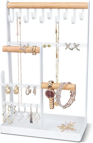 Jewelry Organizer Stand Necklace Holder, 6-Tier Jewelry Tree Stand Organizer with Bracelet Holder Ring Tray and 10 Hooks 88 Holes for Earring Holder Jewelry Tower Rack -White