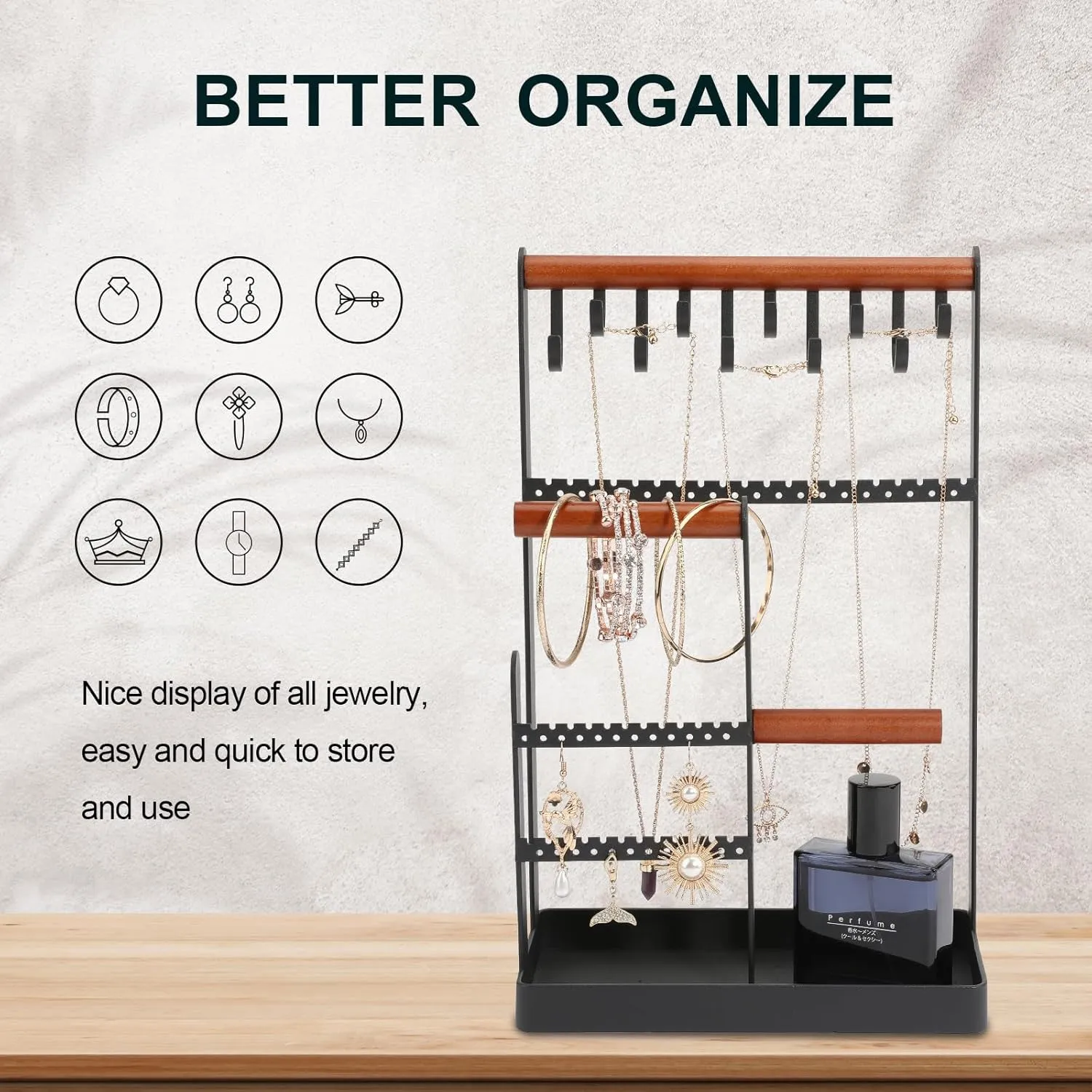 Jewelry Rack, 6-layer Jewelry Storage Tower with Necklace, Earrings, Bracelet & Ring Rack - Black