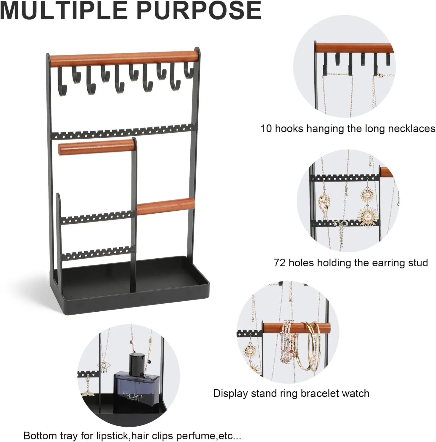 Jewelry Rack, 6-layer Jewelry Storage Tower with Necklace, Earrings, Bracelet & Ring Rack - Black