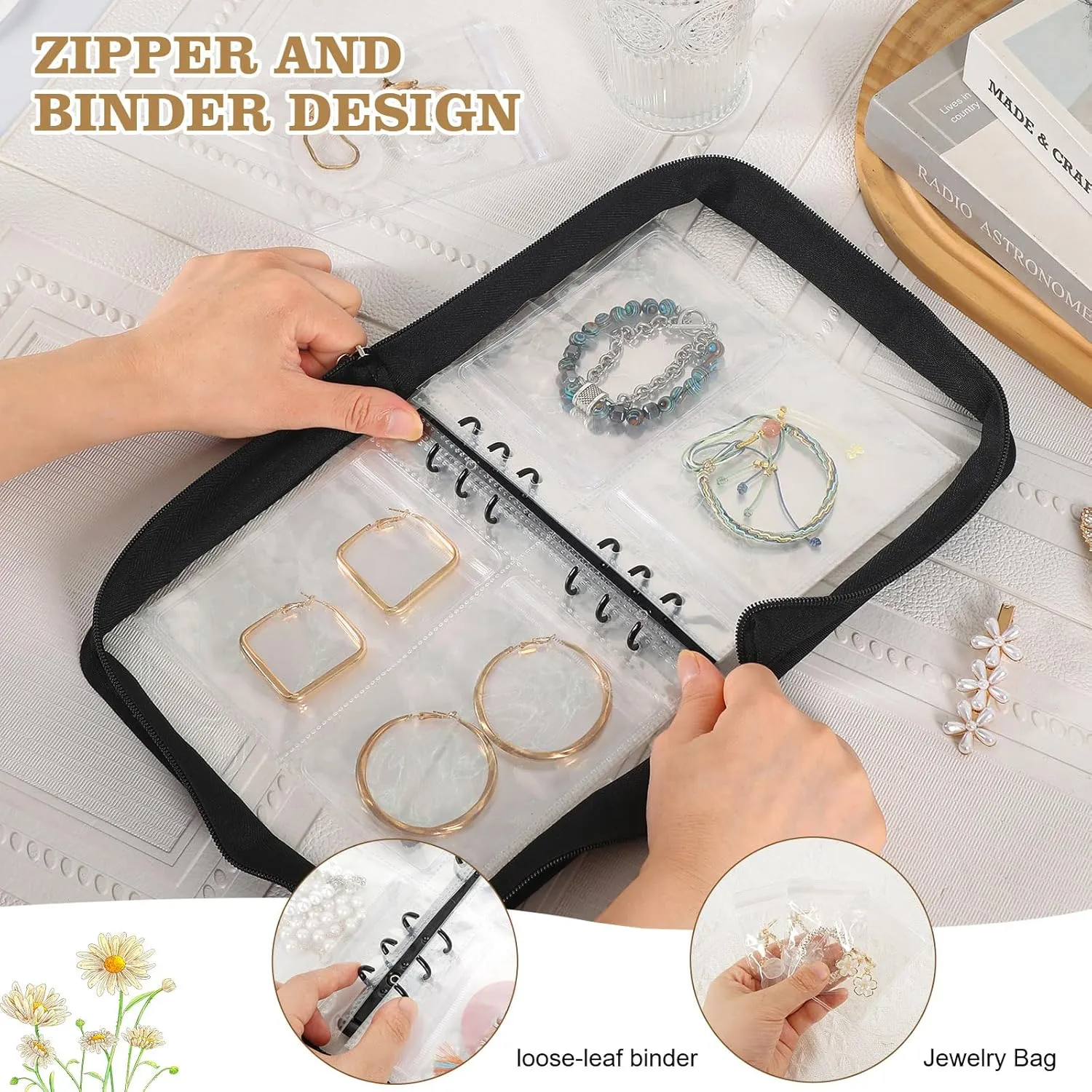 Jewelry Storage Book Organizer Travel Transparent Earring Storage Book Jewelry Binder for Necklace, Ring, Earring, Storage (Black, 48Pcs Large Jewelry Pouches)