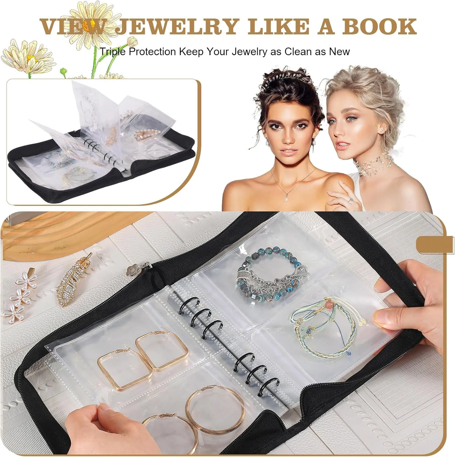 Jewelry Storage Book Organizer Travel Transparent Earring Storage Book Jewelry Binder for Necklace, Ring, Earring, Storage (Black, 48Pcs Large Jewelry Pouches)