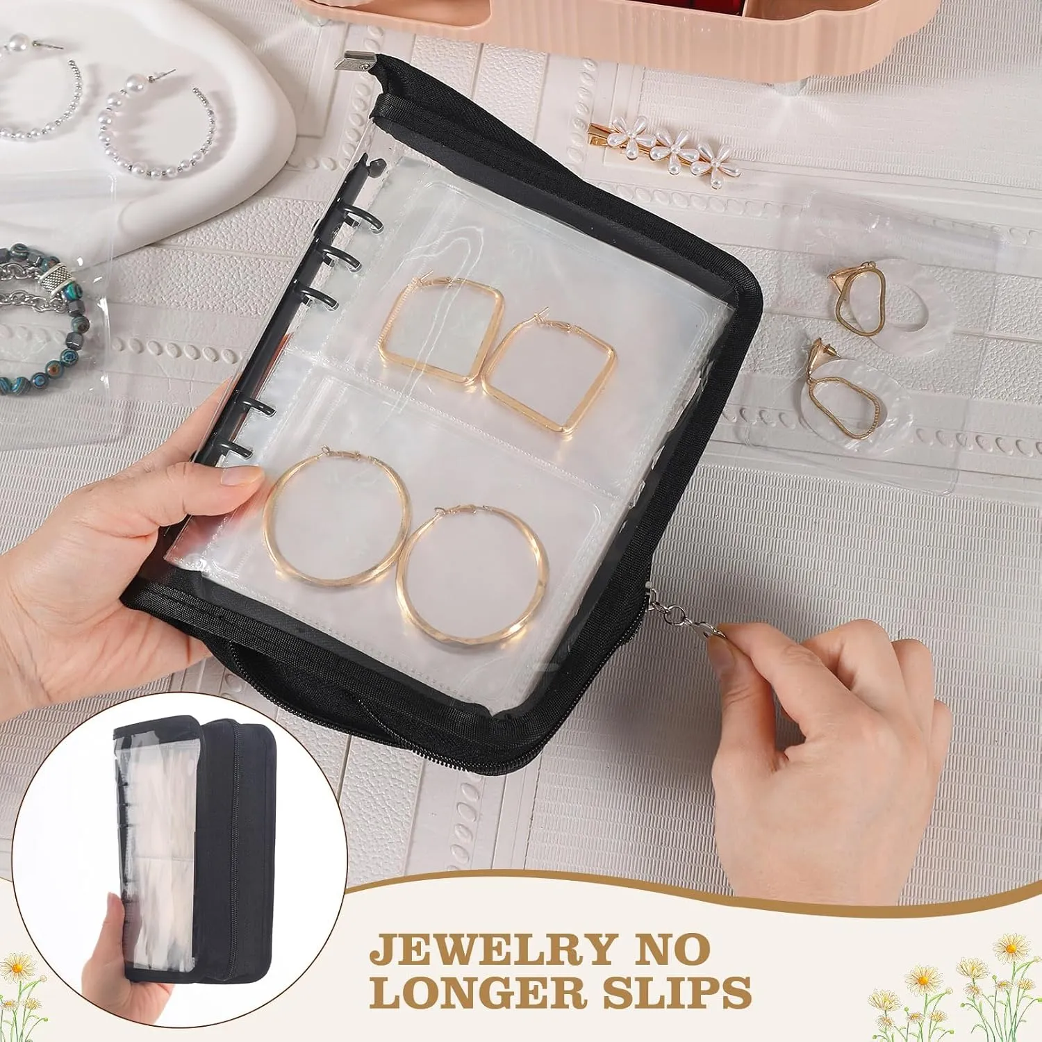 Jewelry Storage Book Organizer Travel Transparent Earring Storage Book Jewelry Binder for Necklace, Ring, Earring, Storage (Black, 48Pcs Large Jewelry Pouches)