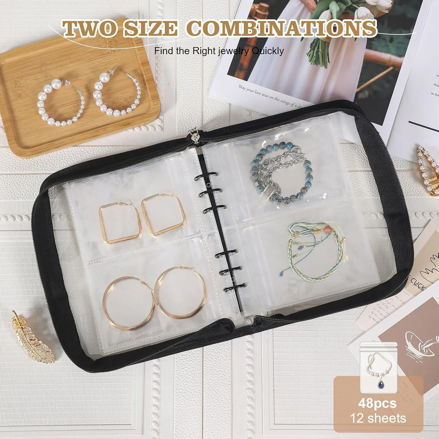 Jewelry Storage Book Organizer Travel Transparent Earring Storage Book Jewelry Binder for Necklace, Ring, Earring, Storage (Black, 48Pcs Large Jewelry Pouches)