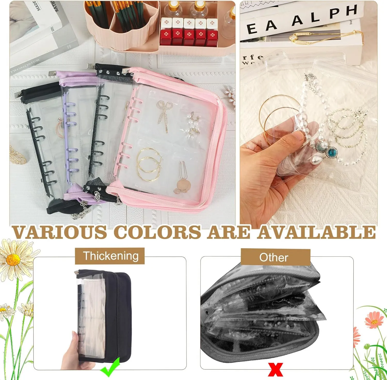 Jewelry Storage Book Organizer Travel Transparent Earring Storage Book Jewelry Binder for Necklace, Ring, Earring, Storage (Black, 48Pcs Large Jewelry Pouches)