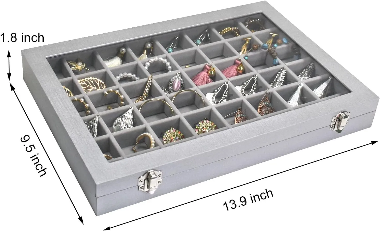 Jewelry Tray Organizer Box 48 Grid Jewelry Display Organizer Box with Transparent Lid Rings Earrings Necklaces Pendants Display Box Suitable for Women and Girls (48 Grid, Silver Grey)