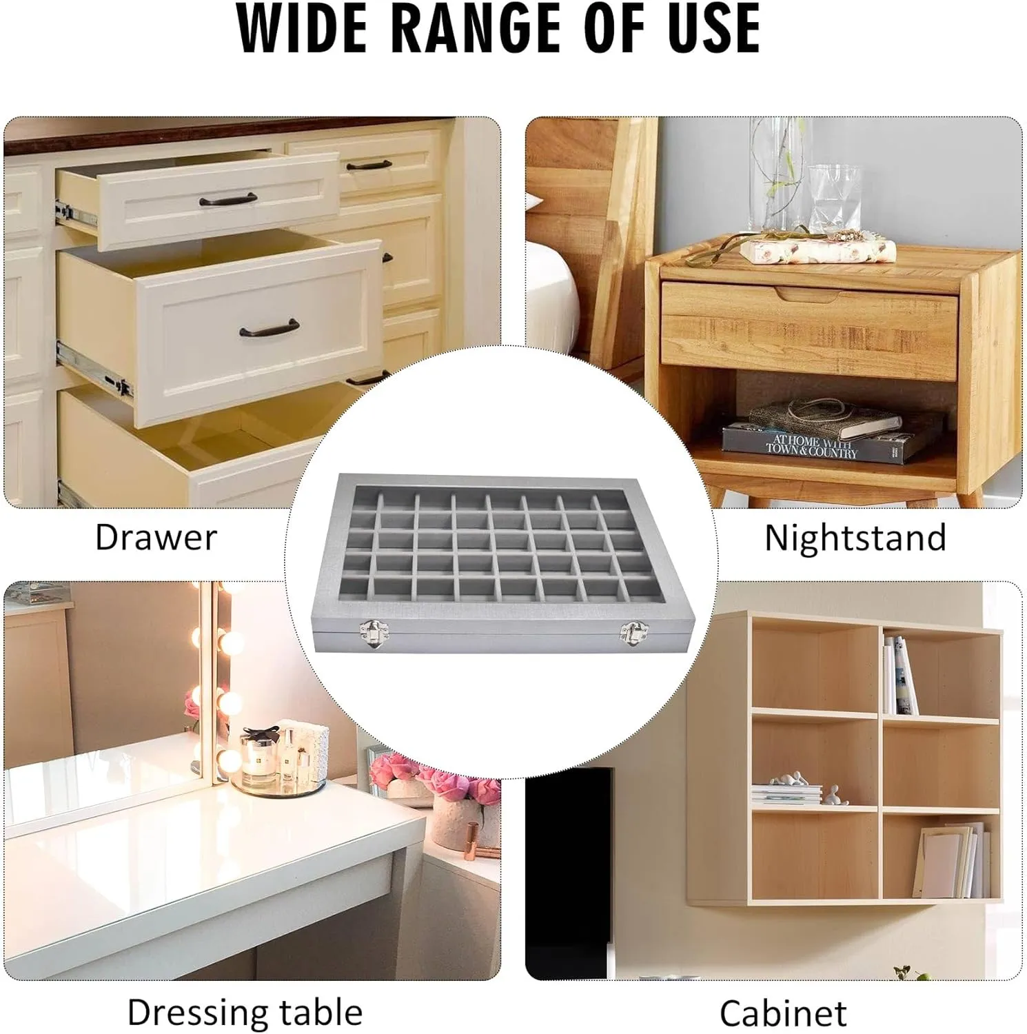 Jewelry Tray Organizer Box 48 Grid Jewelry Display Organizer Box with Transparent Lid Rings Earrings Necklaces Pendants Display Box Suitable for Women and Girls (48 Grid, Silver Grey)