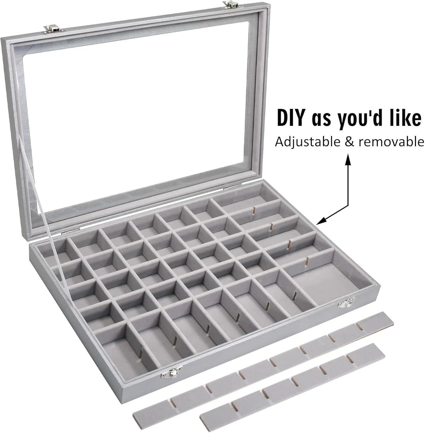 Jewelry Tray Organizer Box 48 Grid Jewelry Display Organizer Box with Transparent Lid Rings Earrings Necklaces Pendants Display Box Suitable for Women and Girls (48 Grid, Silver Grey)
