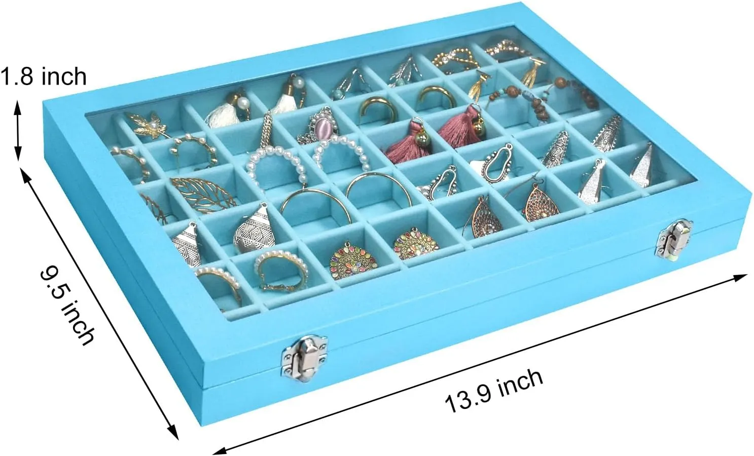 Jewelry Tray Organizer Box 48 Grid Jewelry Display Organizer Box with Transparent Lid Rings Earrings Necklaces Pendants Display Box Suitable for Women and Girls (48 Grid, Sky Blue)