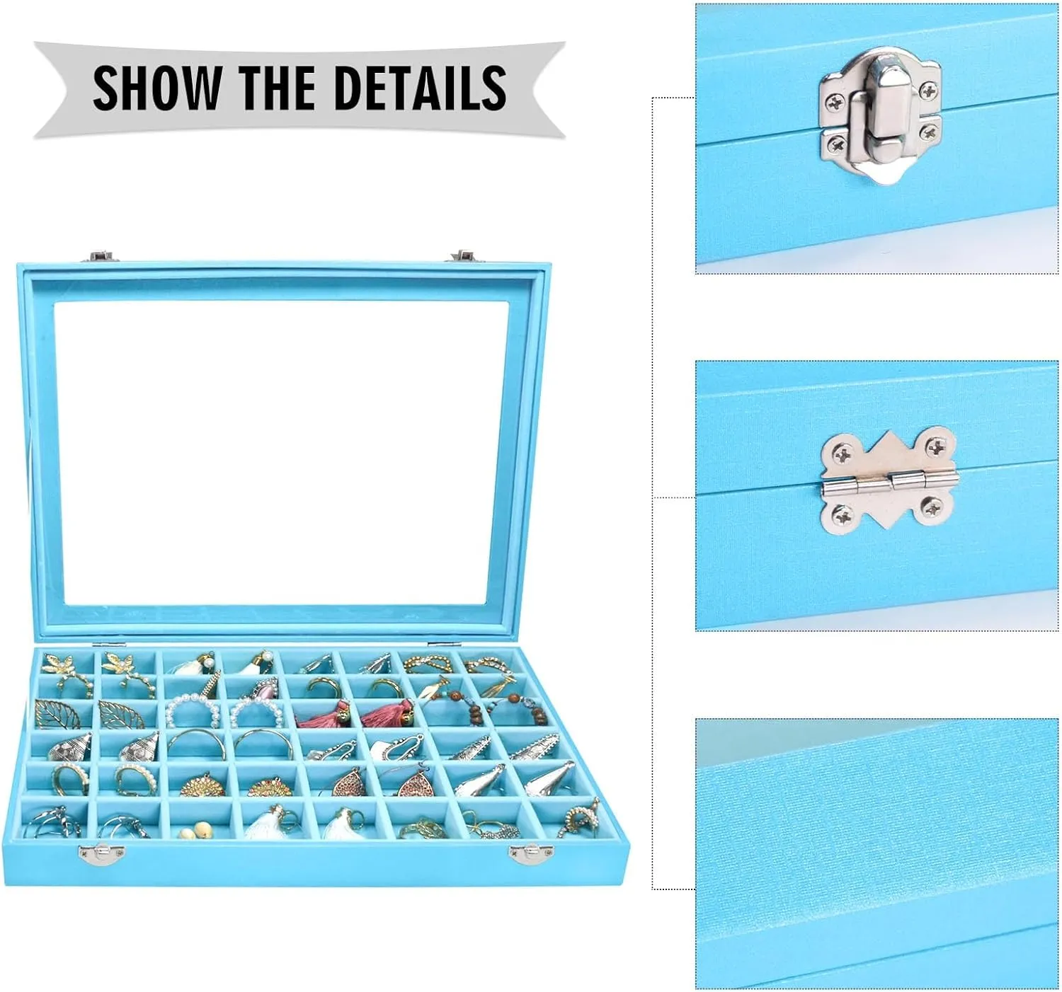 Jewelry Tray Organizer Box 48 Grid Jewelry Display Organizer Box with Transparent Lid Rings Earrings Necklaces Pendants Display Box Suitable for Women and Girls (48 Grid, Sky Blue)