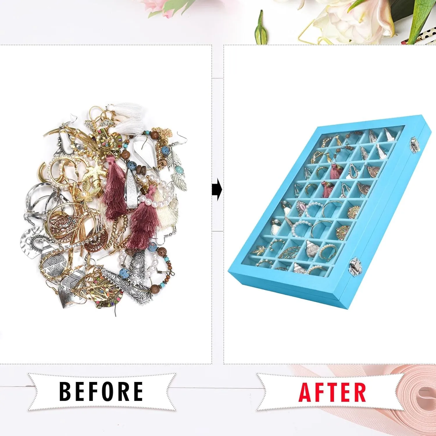 Jewelry Tray Organizer Box 48 Grid Jewelry Display Organizer Box with Transparent Lid Rings Earrings Necklaces Pendants Display Box Suitable for Women and Girls (48 Grid, Sky Blue)