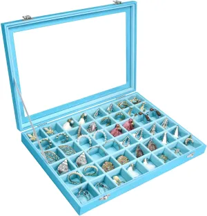 Jewelry Tray Organizer Box 48 Grid Jewelry Display Organizer Box with Transparent Lid Rings Earrings Necklaces Pendants Display Box Suitable for Women and Girls (48 Grid, Sky Blue)
