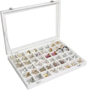 Jewelry Tray Organizer Box 48 Grid Jewelry Display Organizer Box with Transparent Lid Rings Earrings Necklaces Pendants Display Box Suitable for Women and Girls (48 Grid, White)