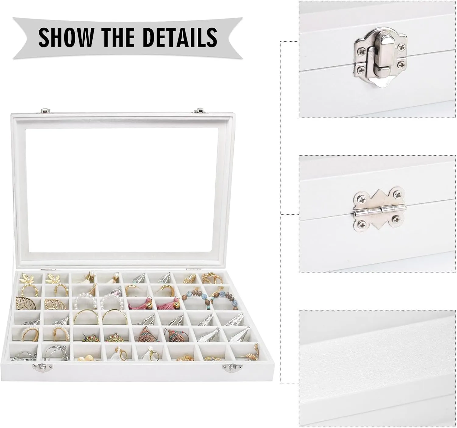 Jewelry Tray Organizer Box 48 Grid Jewelry Display Organizer Box with Transparent Lid Rings Earrings Necklaces Pendants Display Box Suitable for Women and Girls (48 Grid, White)