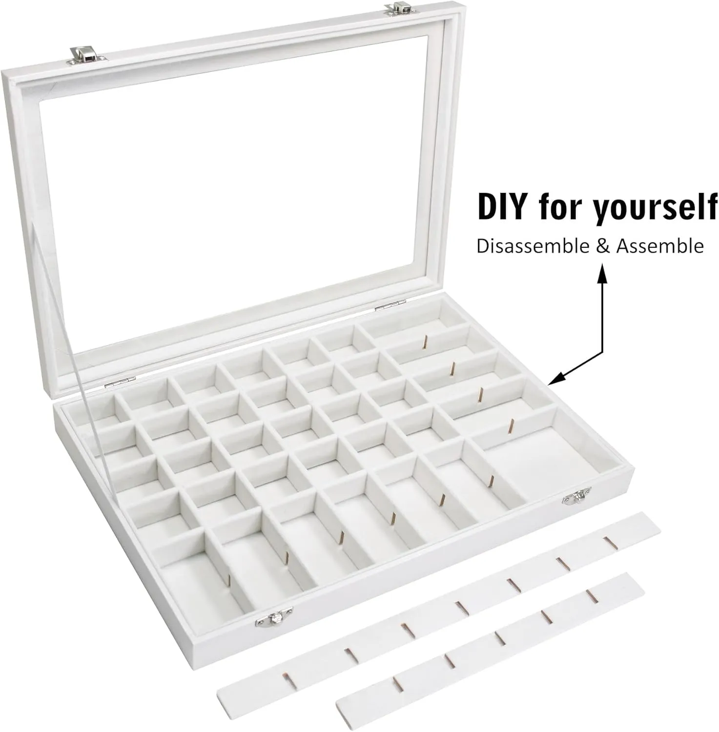Jewelry Tray Organizer Box 48 Grid Jewelry Display Organizer Box with Transparent Lid Rings Earrings Necklaces Pendants Display Box Suitable for Women and Girls (48 Grid, White)