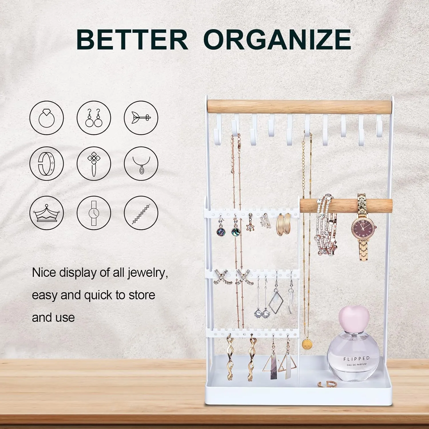 Jewelry Tree, 5-layer Necklace Rack, Jewelry Rack Storage Rack with Earring Tray and 10 Hooks for Earrings Watches Bracelets Rings (White)