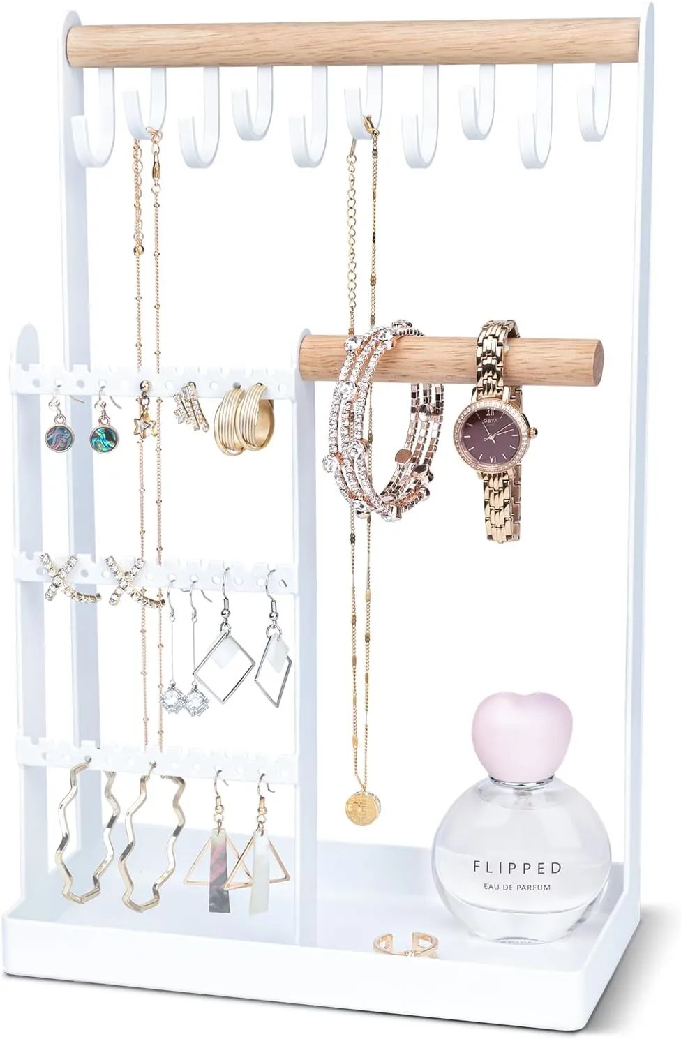 Jewelry Tree, 5-layer Necklace Rack, Jewelry Rack Storage Rack with Earring Tray and 10 Hooks for Earrings Watches Bracelets Rings (White)
