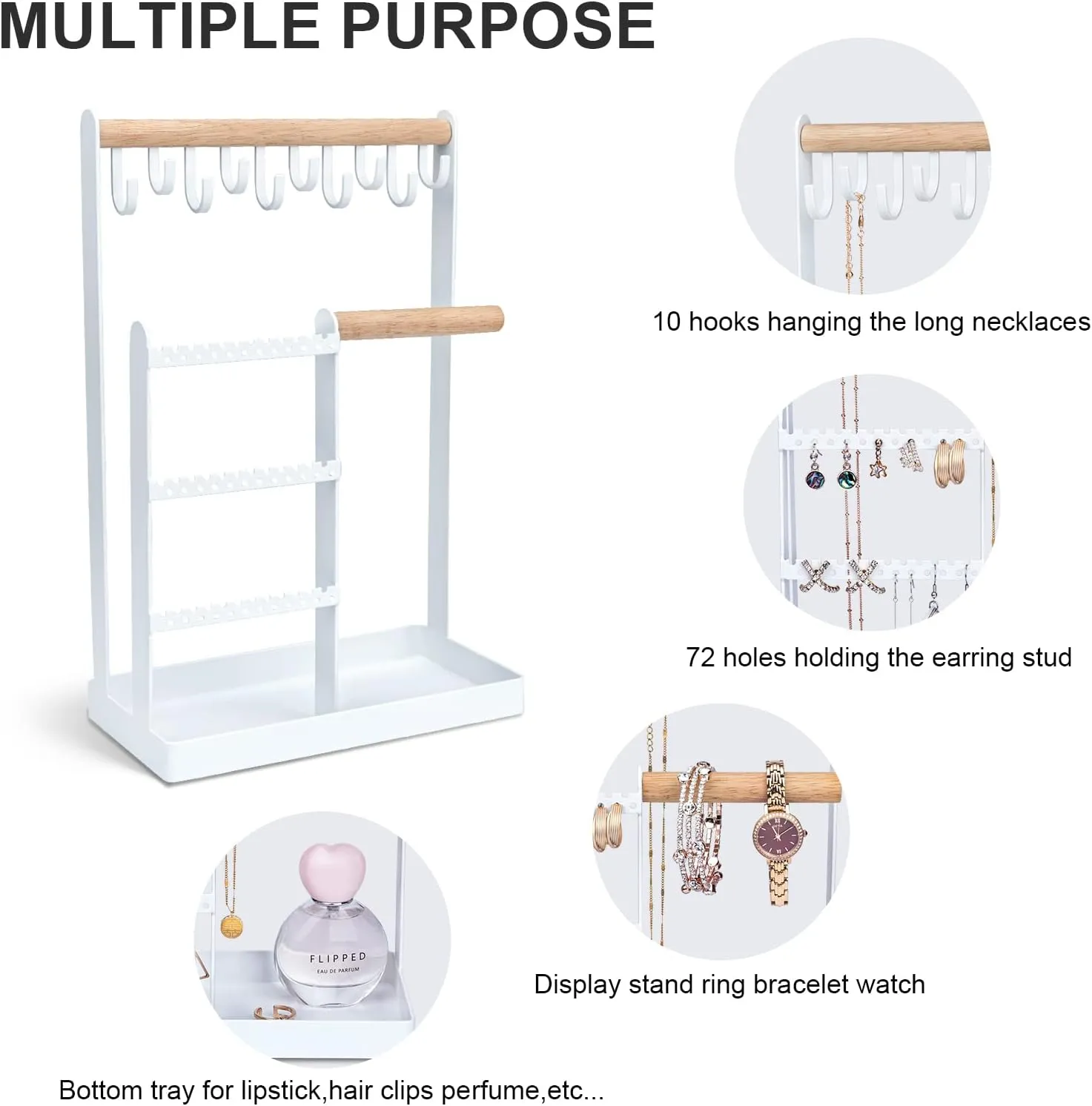 Jewelry Tree, 5-layer Necklace Rack, Jewelry Rack Storage Rack with Earring Tray and 10 Hooks for Earrings Watches Bracelets Rings (White)