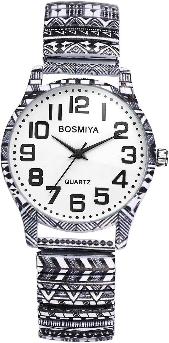 JewelryWe Bohemia Stretch Band Watch - Analog Quartz Easy Read Elastic Wristwatch Casual Boho Expansion Band Watches for Women Men