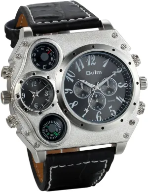 JewelryWe Military Watch for Men 2 Time Zone Big Quartz Watch Mens Leather Wrist Watch Cool Casual Sports Wirstwatch