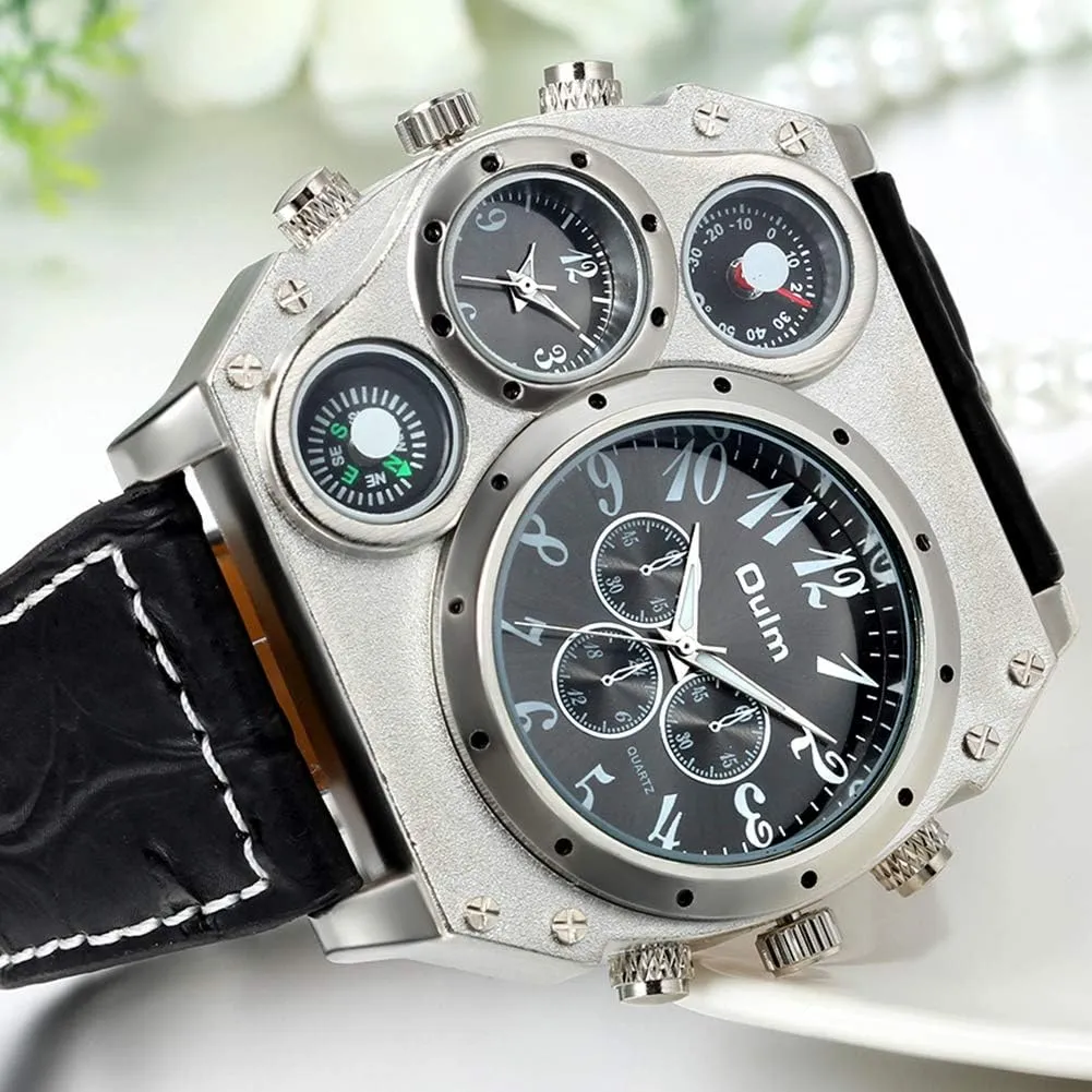 JewelryWe Military Watch for Men 2 Time Zone Big Quartz Watch Mens Leather Wrist Watch Cool Casual Sports Wirstwatch