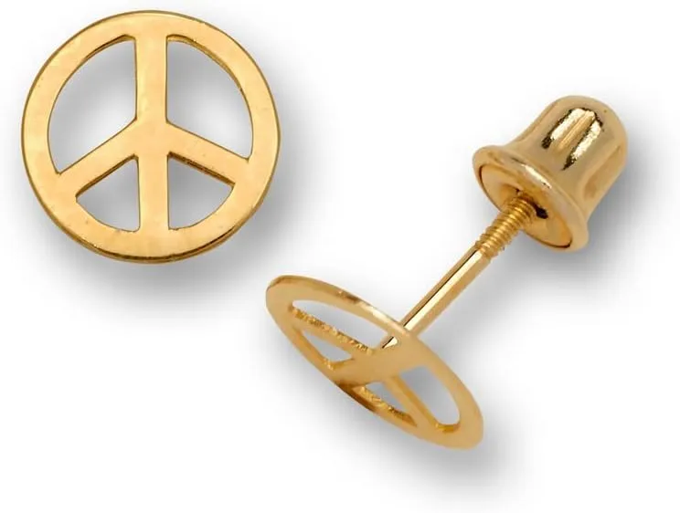 Jewelryweb - Solid 14K Gold Small Polished Peace Sign Screw back Earrings  7mm - Yellow Gold, White Gold, Rose Gold  Boho Earrings for Women Teens  Hippie Earrings Stud