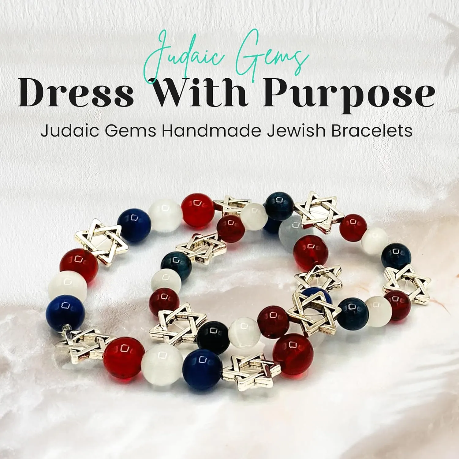 Jewish Bracelet for Women & Men - Three Cheers Garnet, White Agate, Dark Sapphire & Star of David Bracelet - Stretch Bracelet for Judaica Gifts & More - Judaic Gems Jewish Jewelry for Women