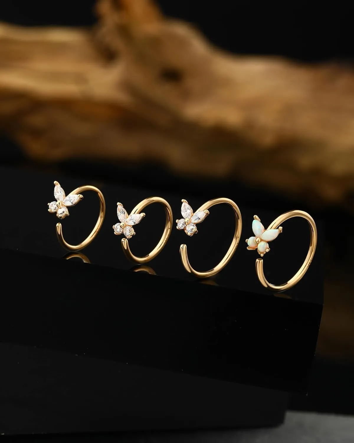 Jewseen 14K Solid Gold Nose Rings Hoop 18G 20G Butterfly Thin Nose Piercings Jewelry for Women