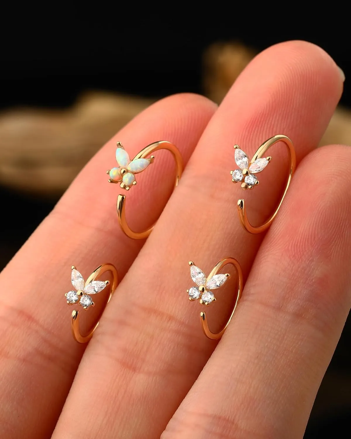 Jewseen 14K Solid Gold Nose Rings Hoop 18G 20G Butterfly Thin Nose Piercings Jewelry for Women