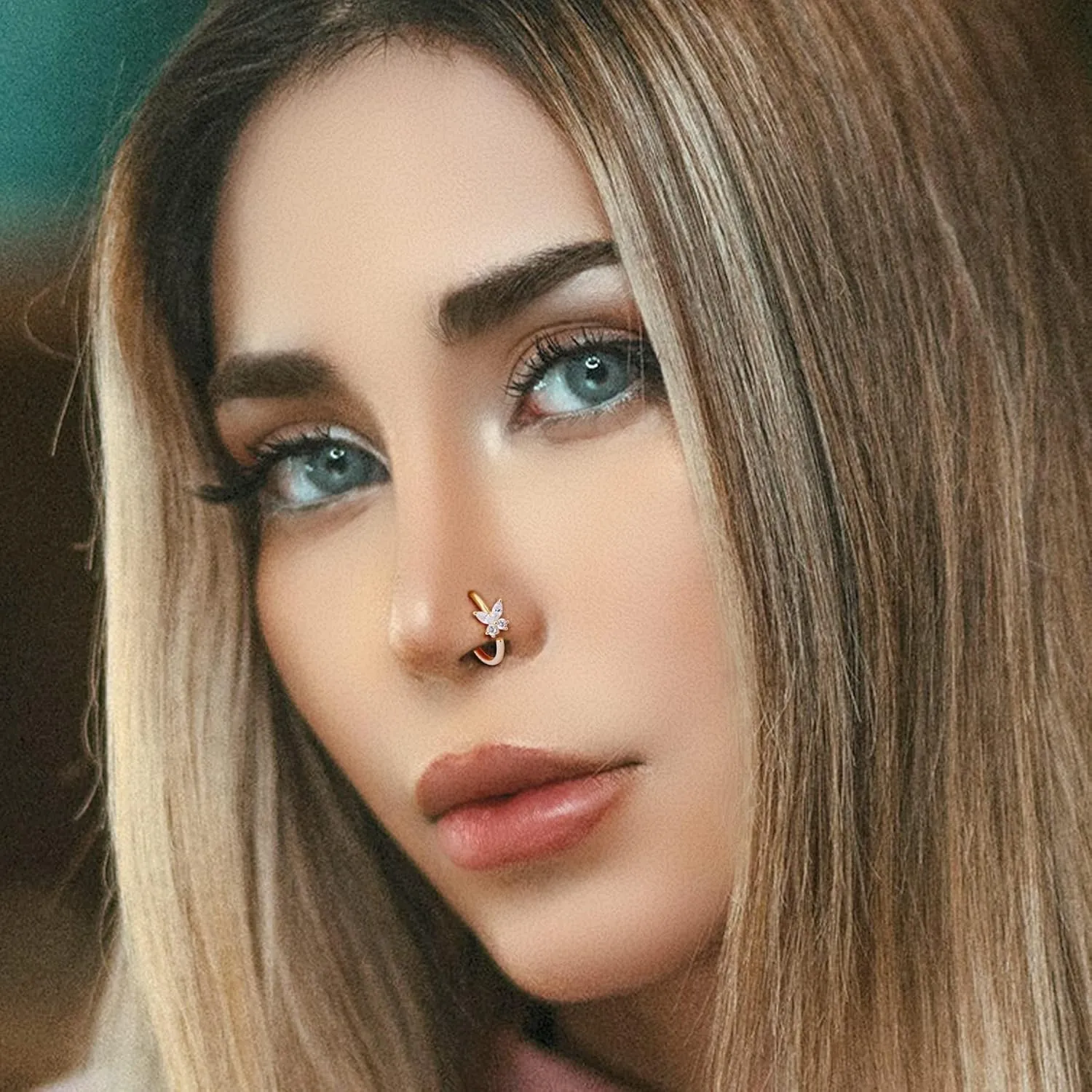 Jewseen 14K Solid Gold Nose Rings Hoop 18G 20G Butterfly Thin Nose Piercings Jewelry for Women