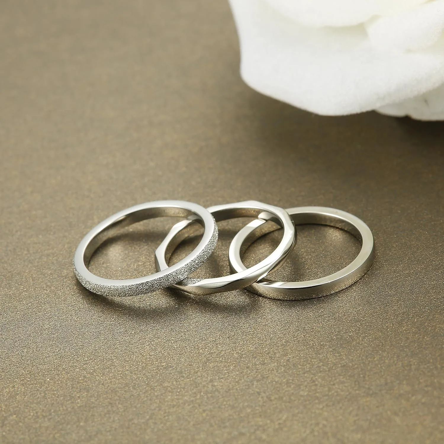 JOERICA 3Pcs 2mm Stainless Steel Women's Stackable Eternity Ring Band Engagement Wedding Ring Set 4-9