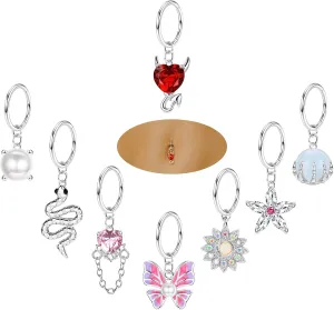 JOERICA Belly Button Ring Hoop 14G Clicker 316L Surgical Steel Dangle Butterfly Snake Evil Eye Heart CZ Dangling Navel Hinged Segment Gold Silver Tone 10mm