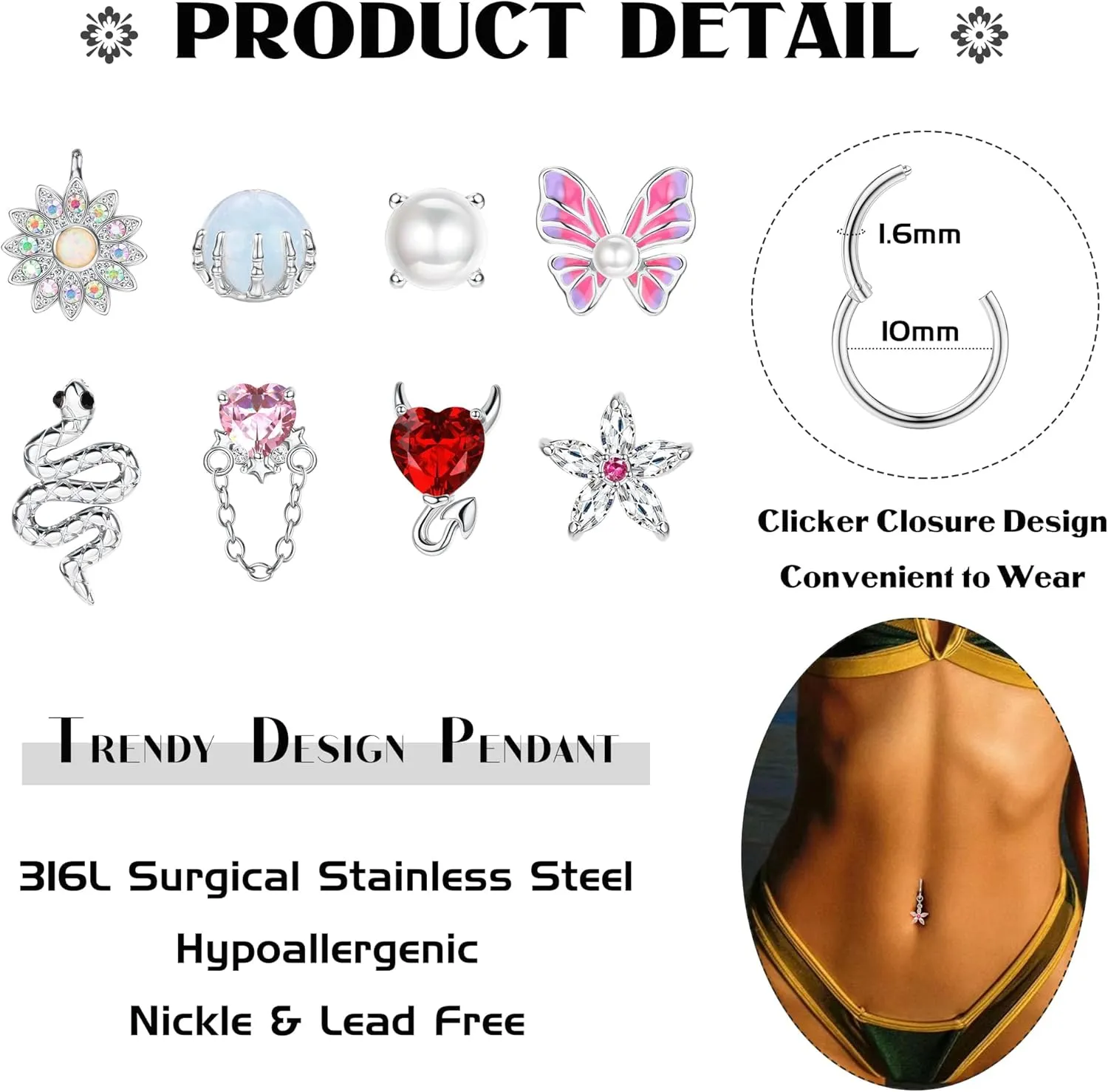 JOERICA Belly Button Ring Hoop 14G Clicker 316L Surgical Steel Dangle Butterfly Snake Evil Eye Heart CZ Dangling Navel Hinged Segment Gold Silver Tone 10mm