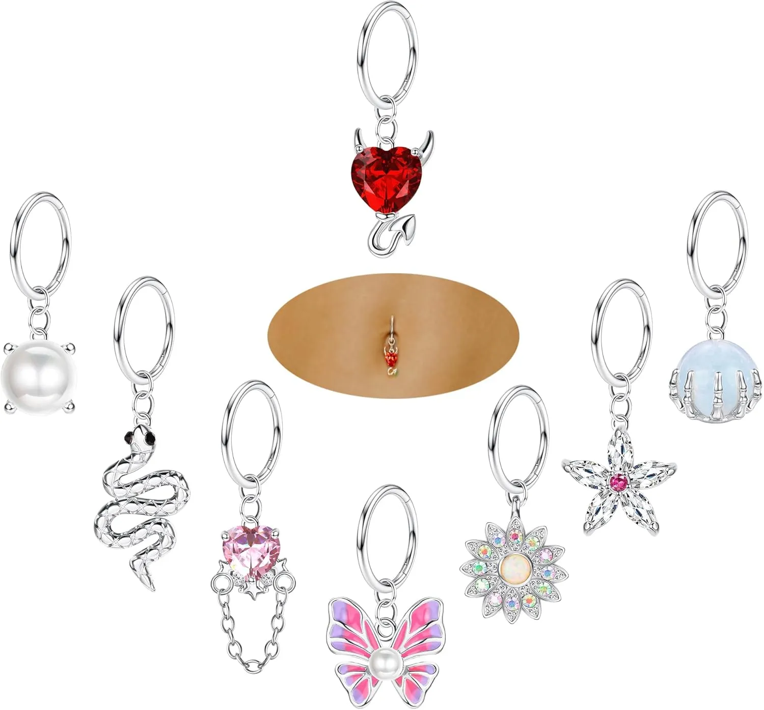 JOERICA Belly Button Ring Hoop 14G Clicker 316L Surgical Steel Dangle Butterfly Snake Evil Eye Heart CZ Dangling Navel Hinged Segment Gold Silver Tone 10mm