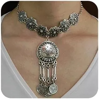 Jumwrit Silver Goth Choker Necklace for Women Vintage Statement Necklace for Teens Adjustable Punk Disc Pendant Necklace