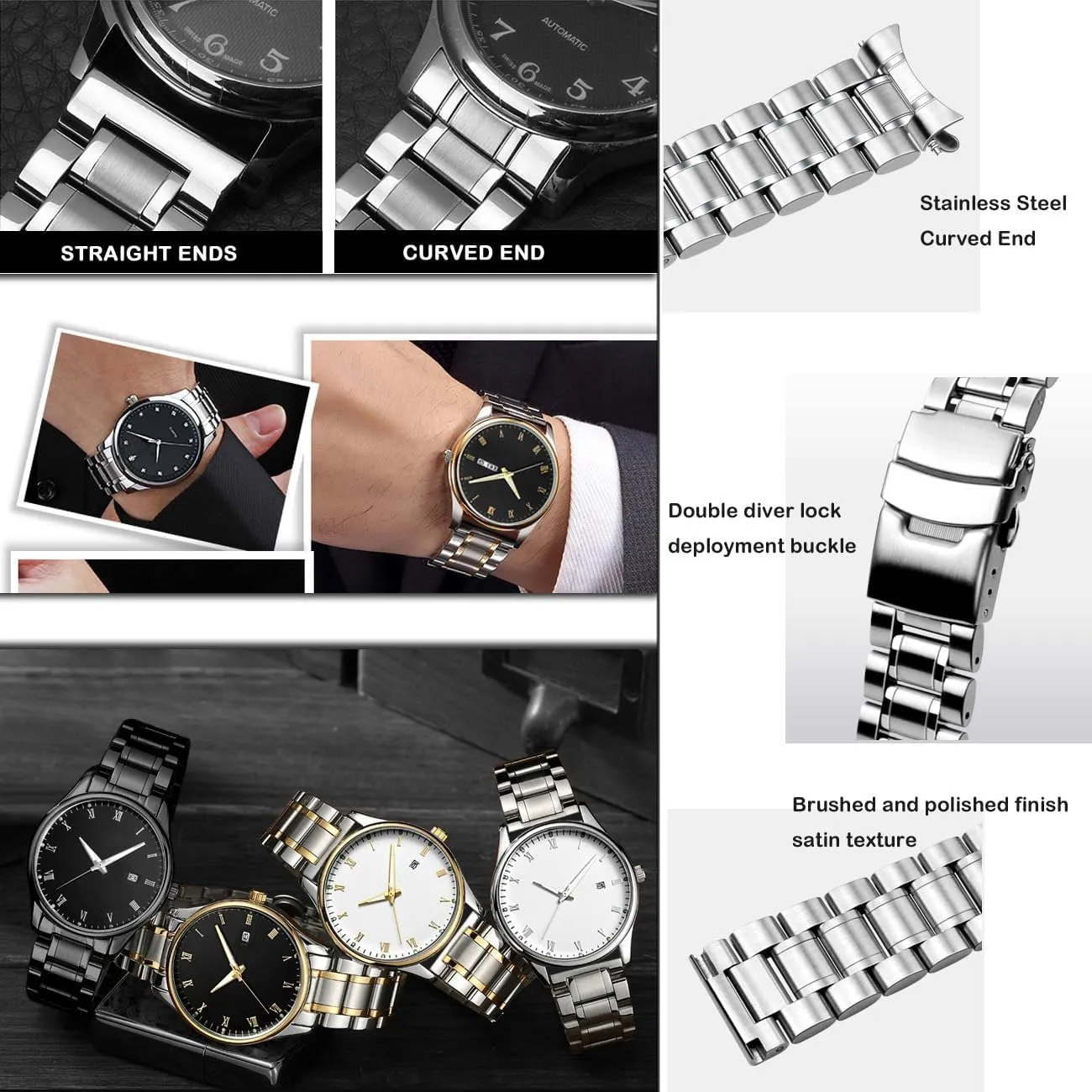 Juntan 20mm 22mm Stainless Steel Watch Band Curved End Straight End for Men Women Metal Watch Bands Strap Quick Release Replacement Bracelet with Double Folding Buckle Silver