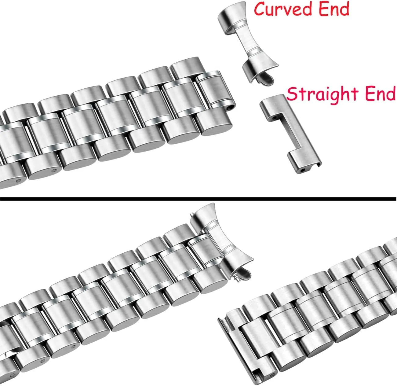 Juntan 20mm 22mm Stainless Steel Watch Band Curved End Straight End for Men Women Metal Watch Bands Strap Quick Release Replacement Bracelet with Double Folding Buckle Silver