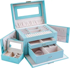 Kendal Large Leather Jewelry Box/Case/Storage/Organizer With Travel Case and Lock, Mothers Day Gifts for Mom(Blue)