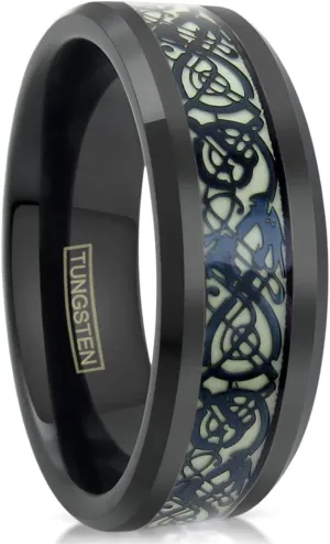 King's Cross Brilliant Glow in The Dark 8mm Polished Piano Black Tungsten Carbide Band Ring with Matching Black Celtic Dragon Inlay.