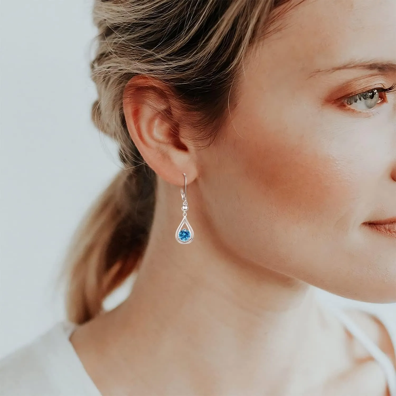 KINGWHYTE Dangle Drop Birthstone Earrings 925 Sterling Silver Leverback Earrings 14K White Gold Birthday Anniversary Fine Jewelry for Women