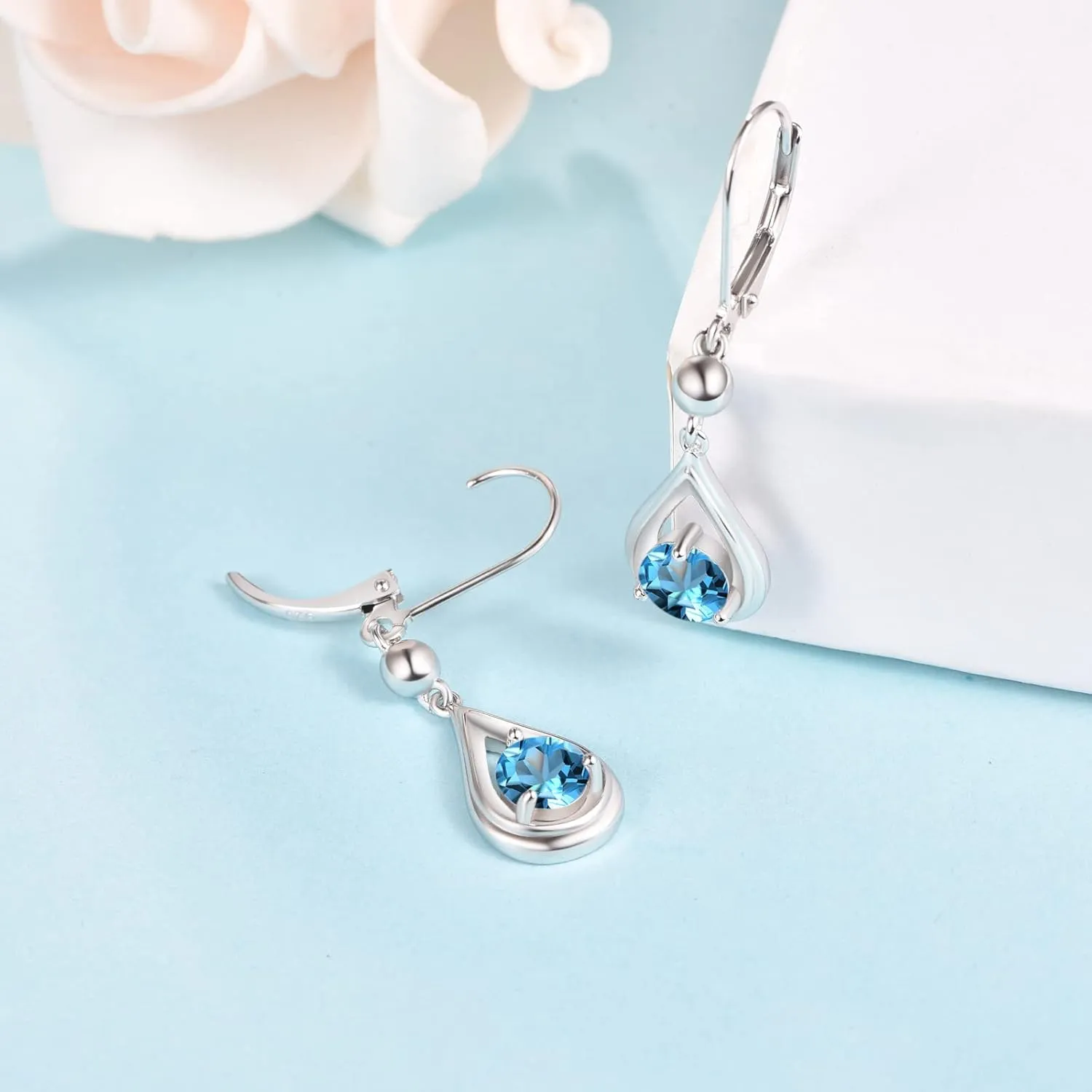 KINGWHYTE Dangle Drop Birthstone Earrings 925 Sterling Silver Leverback Earrings 14K White Gold Birthday Anniversary Fine Jewelry for Women