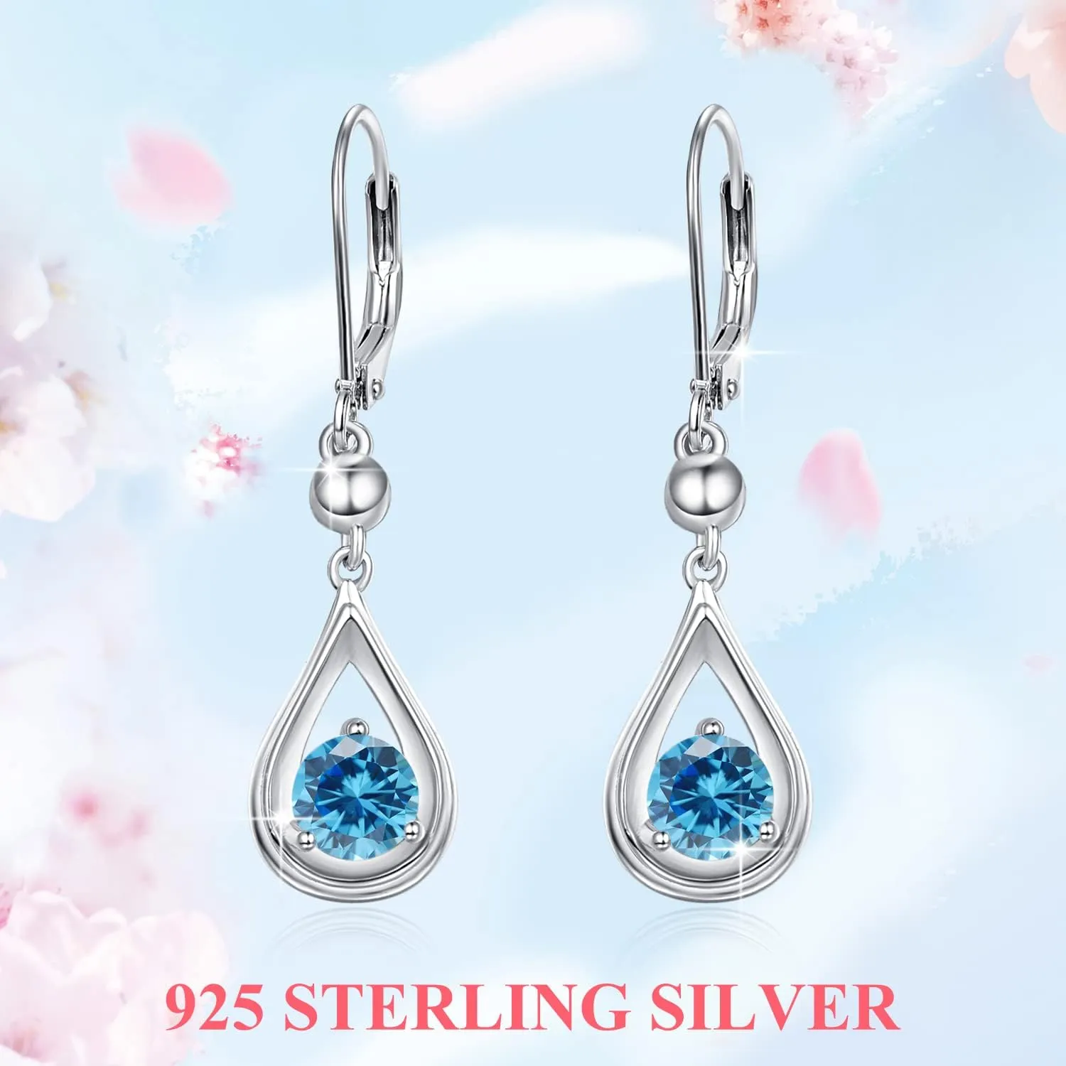 KINGWHYTE Dangle Drop Birthstone Earrings 925 Sterling Silver Leverback Earrings 14K White Gold Birthday Anniversary Fine Jewelry for Women