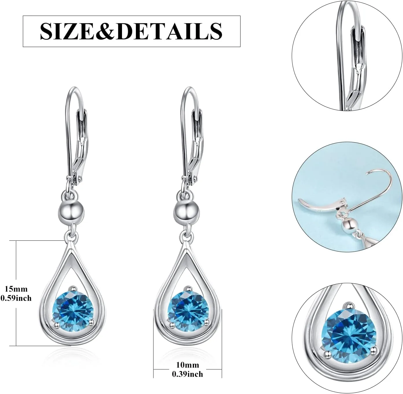 KINGWHYTE Dangle Drop Birthstone Earrings 925 Sterling Silver Leverback Earrings 14K White Gold Birthday Anniversary Fine Jewelry for Women