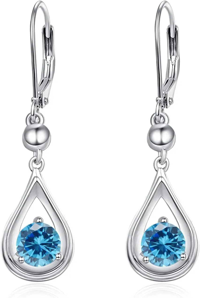 KINGWHYTE Dangle Drop Birthstone Earrings 925 Sterling Silver Leverback Earrings 14K White Gold Birthday Anniversary Fine Jewelry for Women