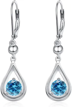 KINGWHYTE Dangle Drop Birthstone Earrings 925 Sterling Silver Leverback Earrings 14K White Gold Birthday Anniversary Fine Jewelry for Women