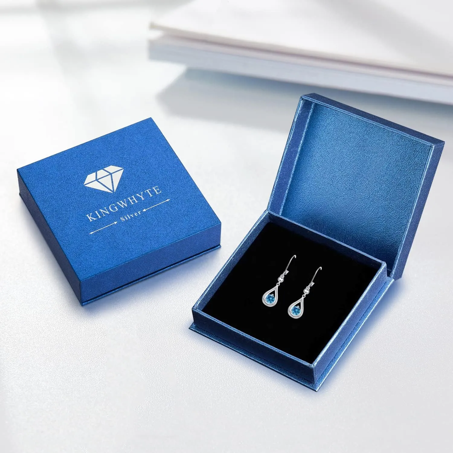 KINGWHYTE Dangle Drop Birthstone Earrings 925 Sterling Silver Leverback Earrings 14K White Gold Birthday Anniversary Fine Jewelry for Women