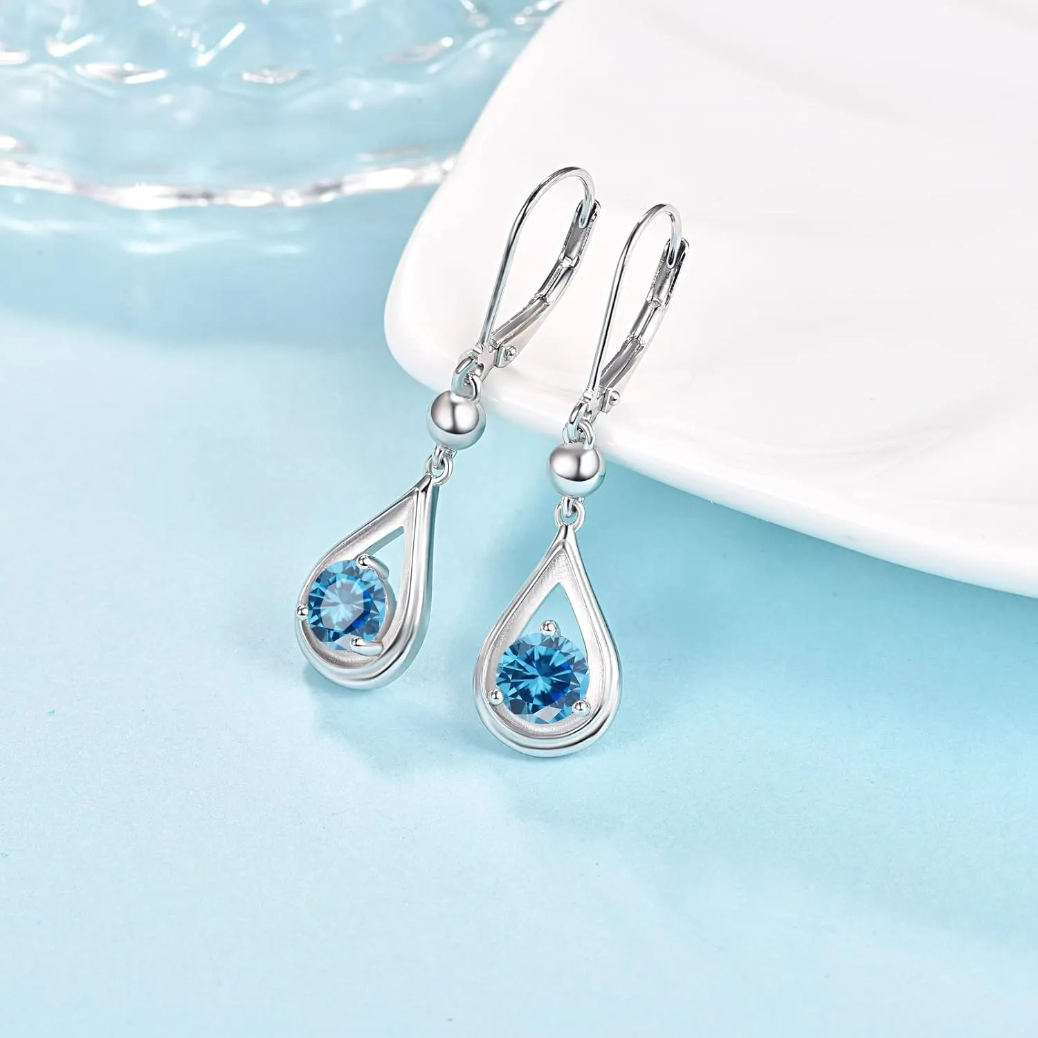 KINGWHYTE Dangle Drop Birthstone Earrings 925 Sterling Silver Leverback Earrings 14K White Gold Birthday Anniversary Fine Jewelry for Women